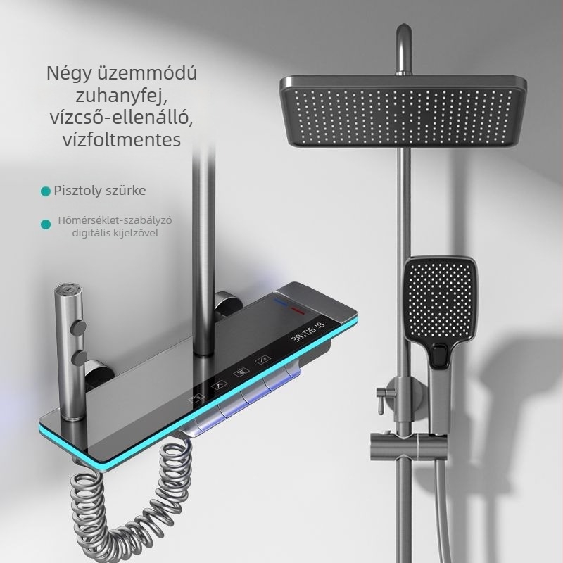 Réz zuhanykészlet, falra szerelhető, digitális hőmérséklet kijelző, állandó hőmérséklet, négyszögletes zuhanyfej