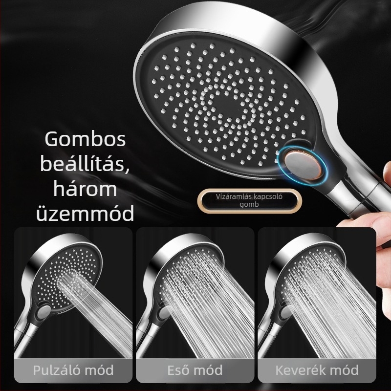 Zuhanyfej, ABS, falra szerelhető, kör alakú, elektroplating bevonattal, 3 üzemmód: szórás, masszázs, eső