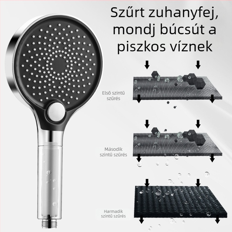 Zuhanyfej, ABS, falra szerelhető, kör alakú, elektroplating bevonattal, 3 üzemmód: szórás, masszázs, eső