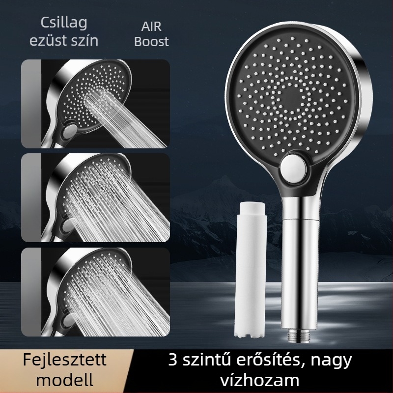 Zuhanyfej, ABS, falra szerelhető, kör alakú, elektroplating bevonattal, 3 üzemmód: szórás, masszázs, eső