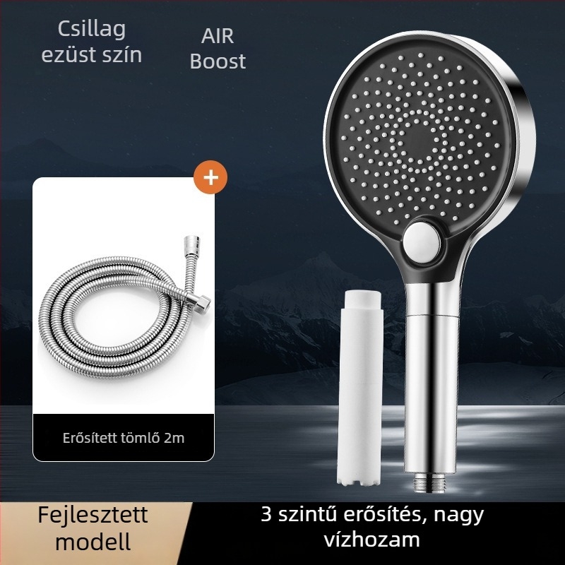 Zuhanyfej, ABS, falra szerelhető, kör alakú, elektroplating bevonattal, 3 üzemmód: szórás, masszázs, eső