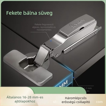 Háromlépcsős, teljes csillapítású ajtózáró csuklópánt szekrényekhez, gardróbokhoz és bútordarabokhoz, hidegen hengerelt acélból