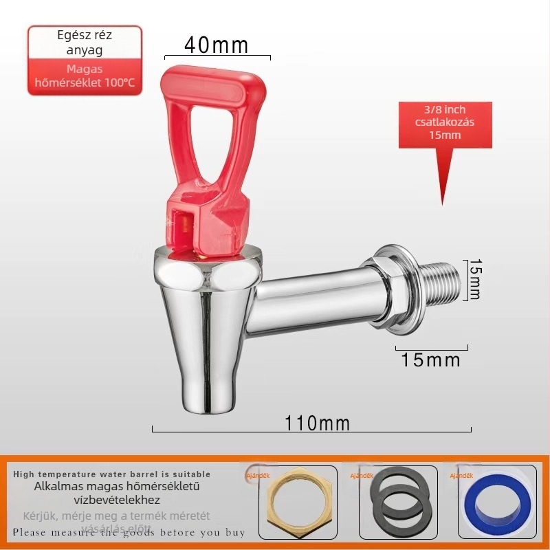 Rézből készült izolált tartályhoz való vízcsap kereskedelmi elektromos bojlerhez, egykaros hideg félautomata csap, spirálisan szerelt, működési hőmérséklet -10–90°C, réz szelep