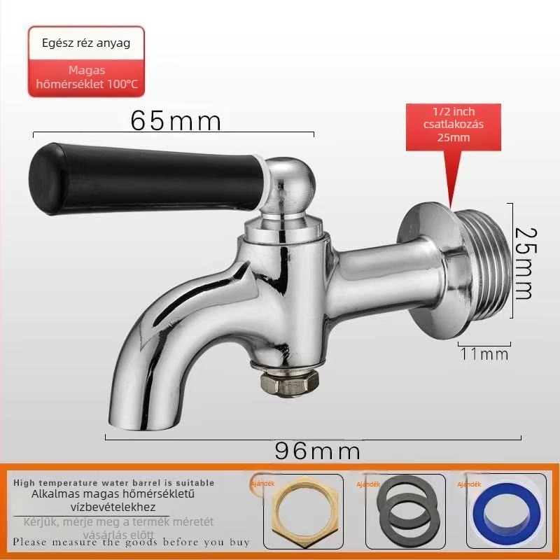 Rézből készült izolált tartályhoz való vízcsap kereskedelmi elektromos bojlerhez, egykaros hideg félautomata csap, spirálisan szerelt, működési hőmérséklet -10–90°C, réz szelep