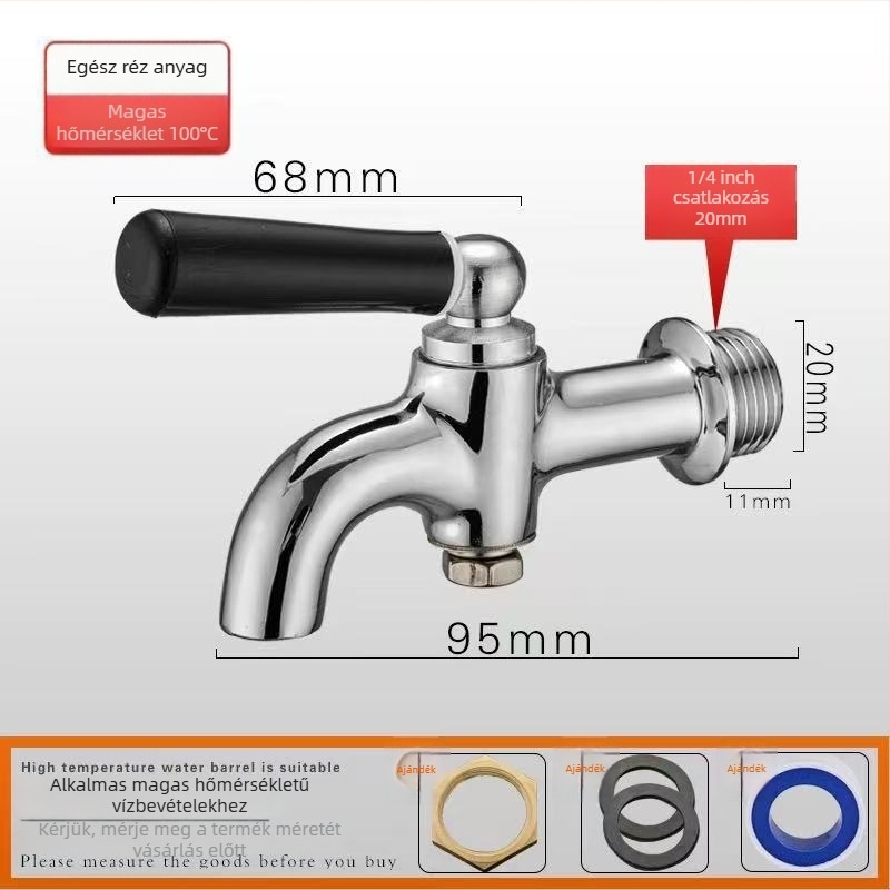 Rézből készült izolált tartályhoz való vízcsap kereskedelmi elektromos bojlerhez, egykaros hideg félautomata csap, spirálisan szerelt, működési hőmérséklet -10–90°C, réz szelep