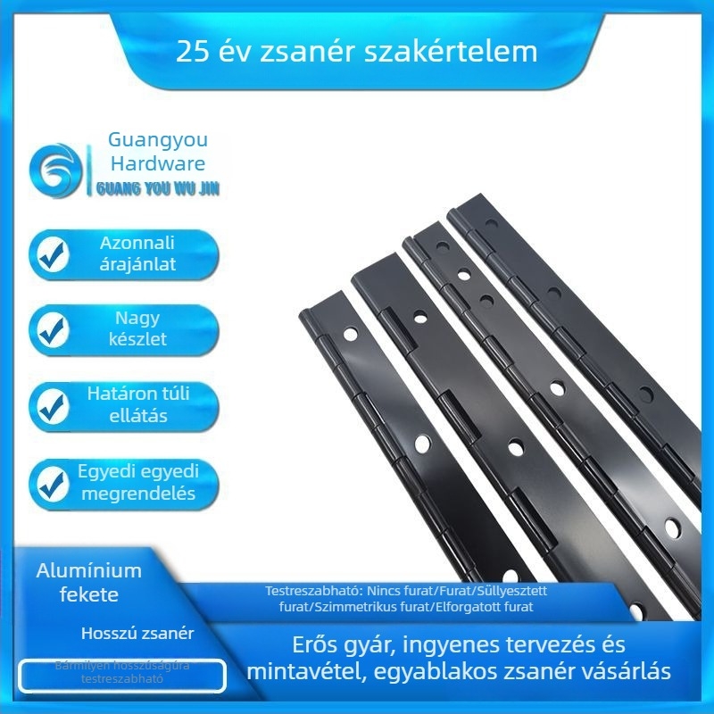 Fekete anodizált alumínium hosszú pánt szekrényekhez, elektromos ládákhoz, bútorokhoz és fa dobozokhoz – zongorapánt
