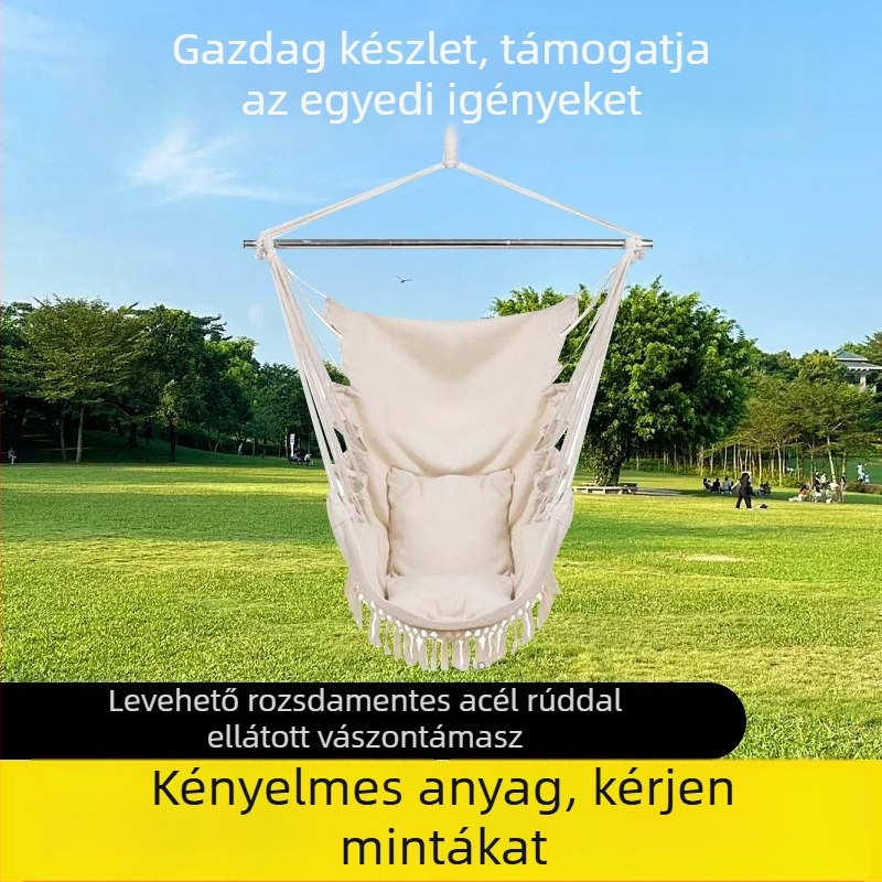 Vászon függőszék, nordic stílusú bojtokkal, kültéri és beltéri használatra, rozsdamentes acél rúddal, teherbírás 150 kg, súly 350 g