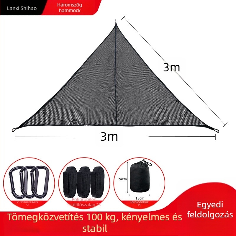 Shihao Leisure Hámacs, több személyes háromszög alakú függő kemping sátor fához, poliészter anyag, max terhelés 300 kg, tömeg 1000 g, származás Jinhua, Zhejiang