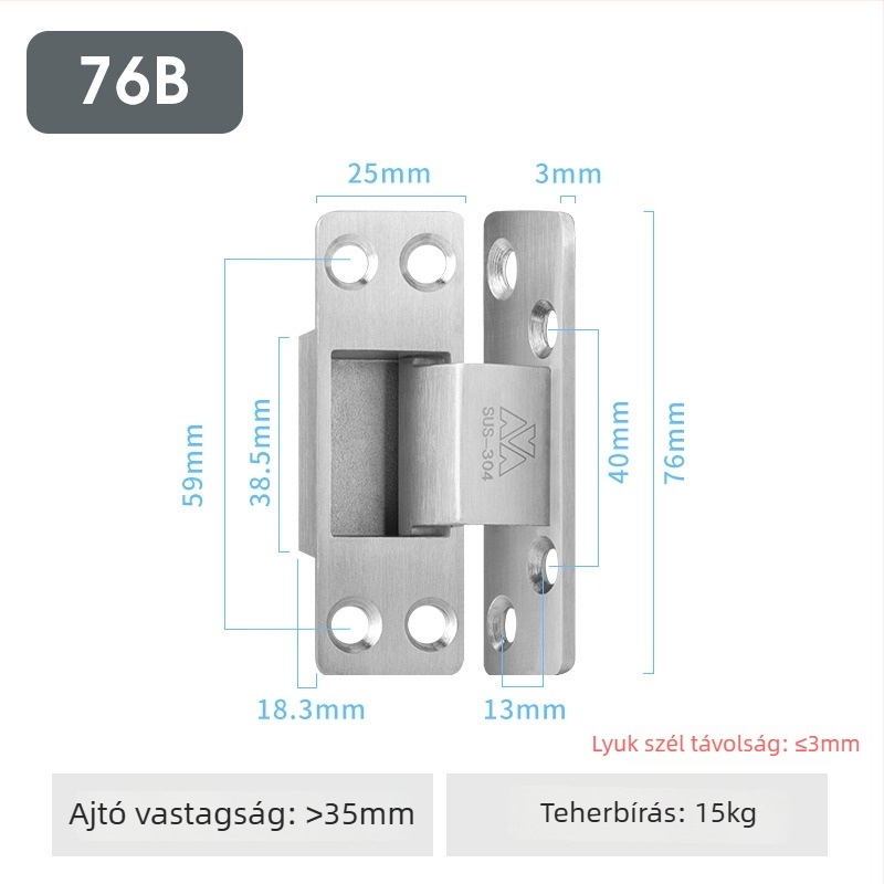 Rozsdamentes acél ajtózsanér 76A, SUS304, csiszolt matt fekete felület, Pinrong