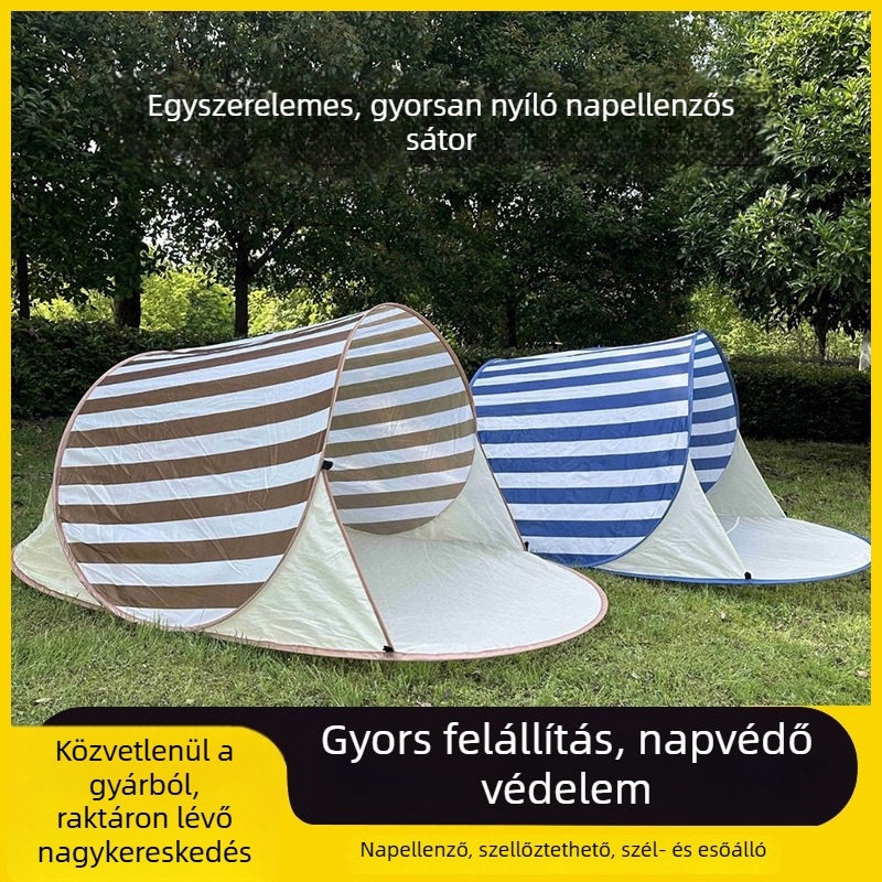 Gyerekeknek szánt kültéri kemping sátor — gyorsnyitású, összeszerelés nélküli, egyfős sátor strandárnyékolóval.