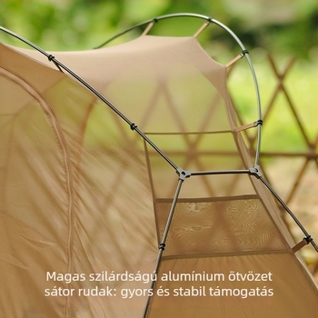 Kemping sátor könnyű táborágy, egyrétegű felépítés, három évszakos használat, 3 kg, alumínium ötvözet rudak, belső Oxford anyag és háló, külső Oxford, vízálló 1500–2000 mm