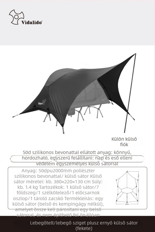 Kemping sátor könnyű táborágy, egyrétegű felépítés, három évszakos használat, 3 kg, alumínium ötvözet rudak, belső Oxford anyag és háló, külső Oxford, vízálló 1500–2000 mm