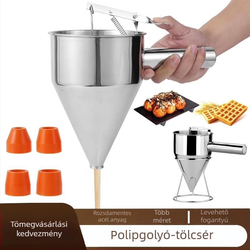 Rozsdamentes acél Takoyaki tésztatölcsér tartóval – levehető adagoló és elválasztó