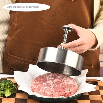 Hamburger húsprés, kézi működésű, kerek alak, rozsdamentes acél, testreszabás elérhető