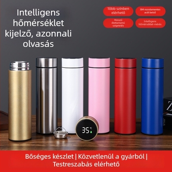 Hőmérséklet-kijelzős termosz pohár, egyenes pohár, modern egyszerűség, belső 304 rozsdamentes acél, külső 201 rozsdamentes acél, vákuumos szigetelés 6–12 óra, logó szitanyomásos testreszabás