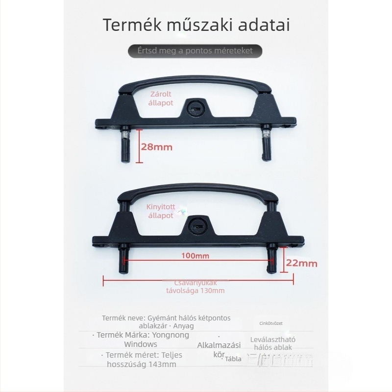 Kulccal ellátott többpont-zár ajtókhoz és ablakokhoz, alumínium ötvözetből, két-pontos zár, ablakszűrőhöz