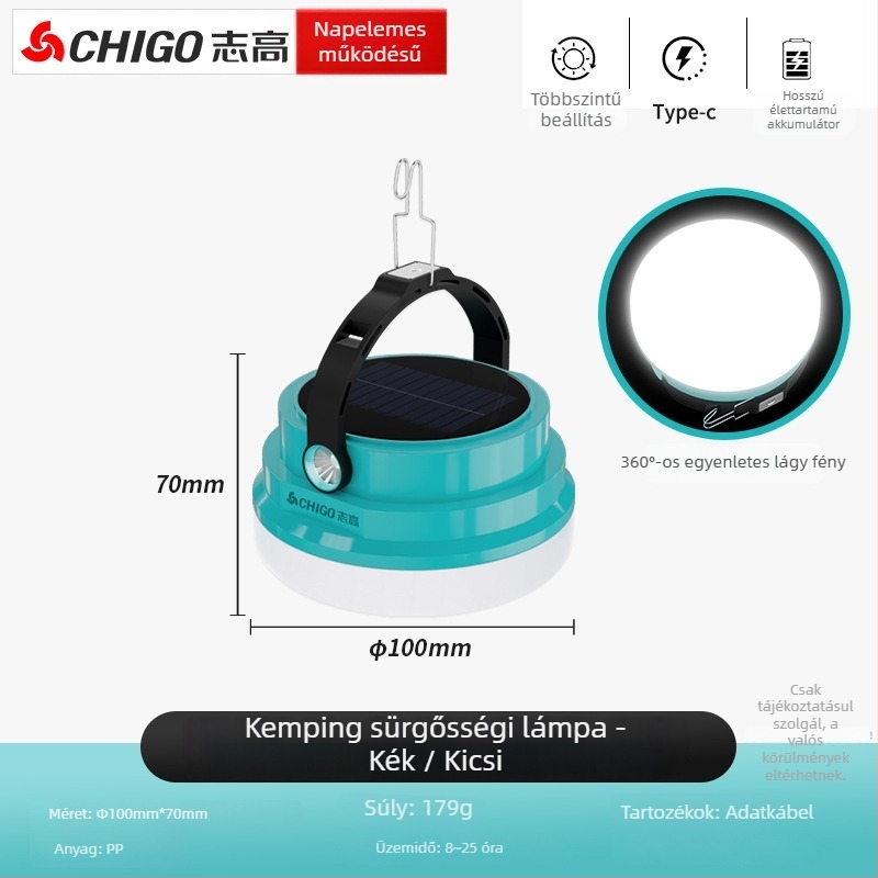 Chigo kempinglámpa – Napelemes, újratölthető LED, 20W, hosszú üzemidejű sátorvilágítás vészfunkcióval.