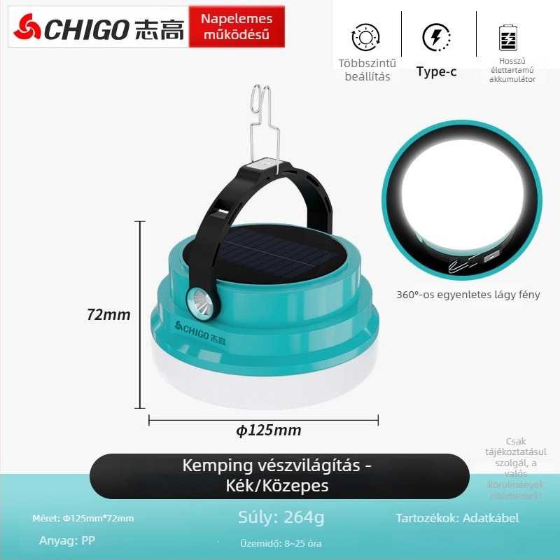 Chigo kempinglámpa – Napelemes, újratölthető LED, 20W, hosszú üzemidejű sátorvilágítás vészfunkcióval.