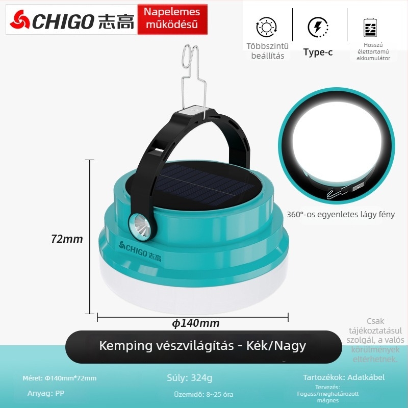 Chigo kempinglámpa – Napelemes, újratölthető LED, 20W, hosszú üzemidejű sátorvilágítás vészfunkcióval.