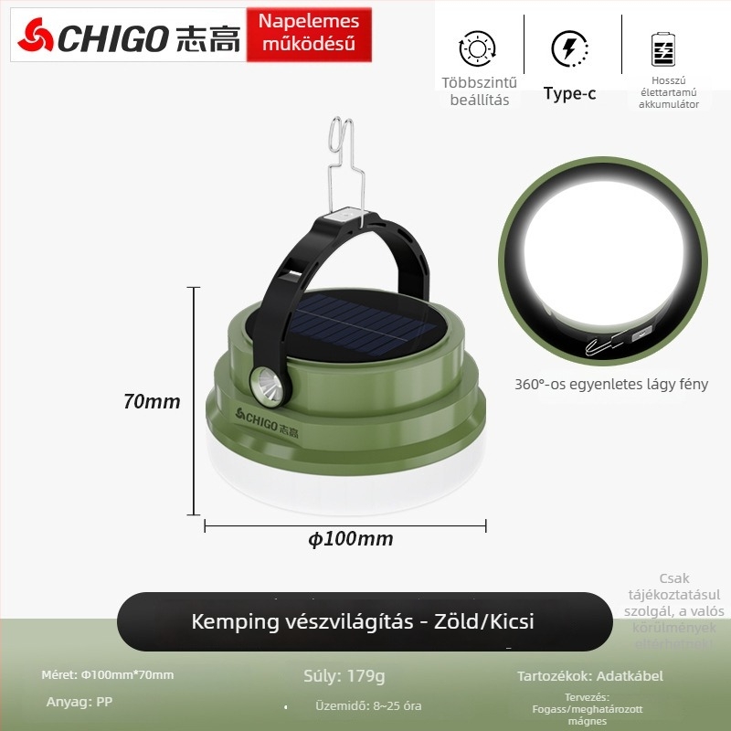 Chigo kempinglámpa – Napelemes, újratölthető LED, 20W, hosszú üzemidejű sátorvilágítás vészfunkcióval.