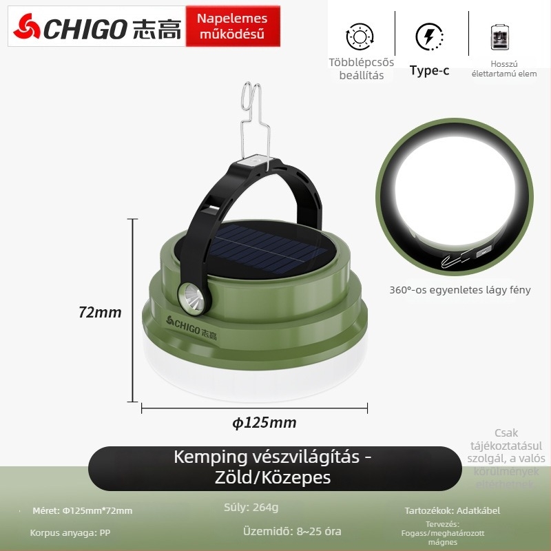 Chigo kempinglámpa – Napelemes, újratölthető LED, 20W, hosszú üzemidejű sátorvilágítás vészfunkcióval.