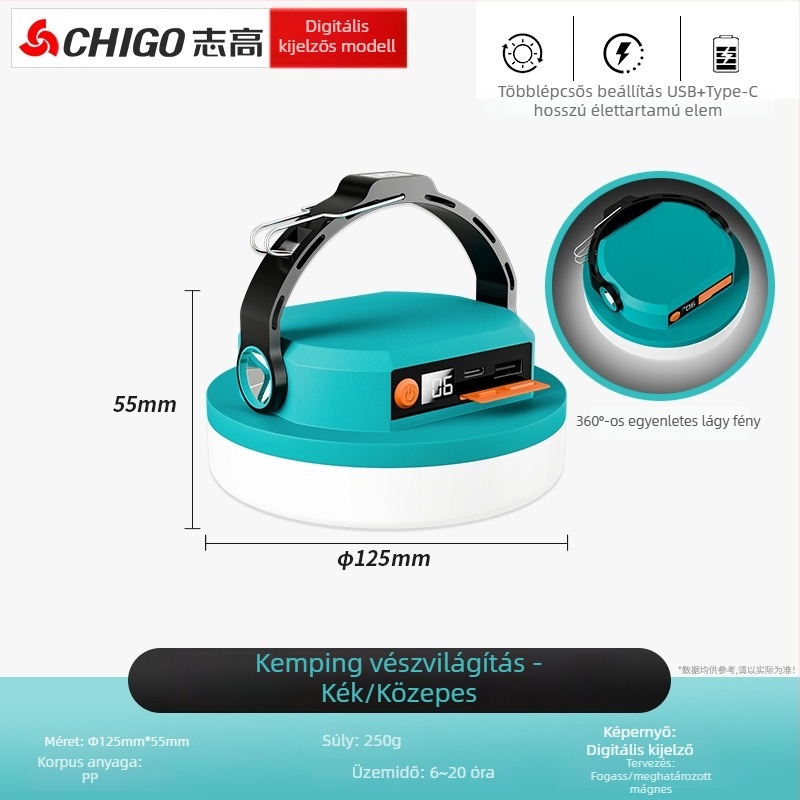 Chigo kempinglámpa – Napelemes, újratölthető LED, 20W, hosszú üzemidejű sátorvilágítás vészfunkcióval.