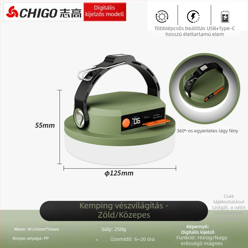 Chigo kempinglámpa – Napelemes, újratölthető LED, 20W, hosszú üzemidejű sátorvilágítás vészfunkcióval.