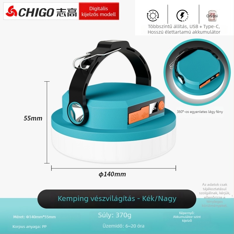 Chigo kempinglámpa – Napelemes, újratölthető LED, 20W, hosszú üzemidejű sátorvilágítás vészfunkcióval.