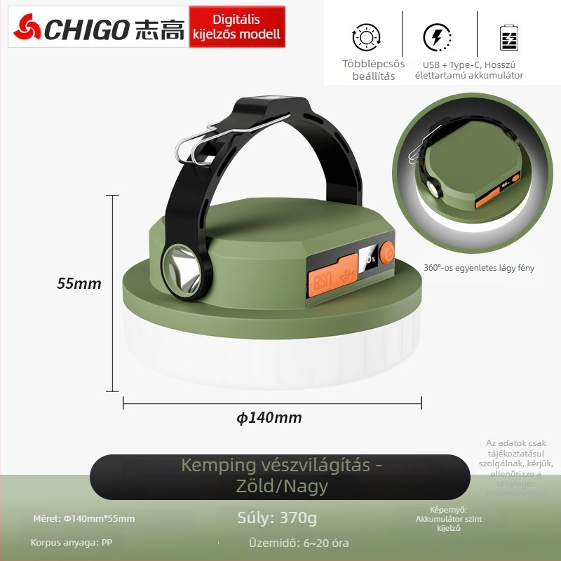 Chigo kempinglámpa – Napelemes, újratölthető LED, 20W, hosszú üzemidejű sátorvilágítás vészfunkcióval.