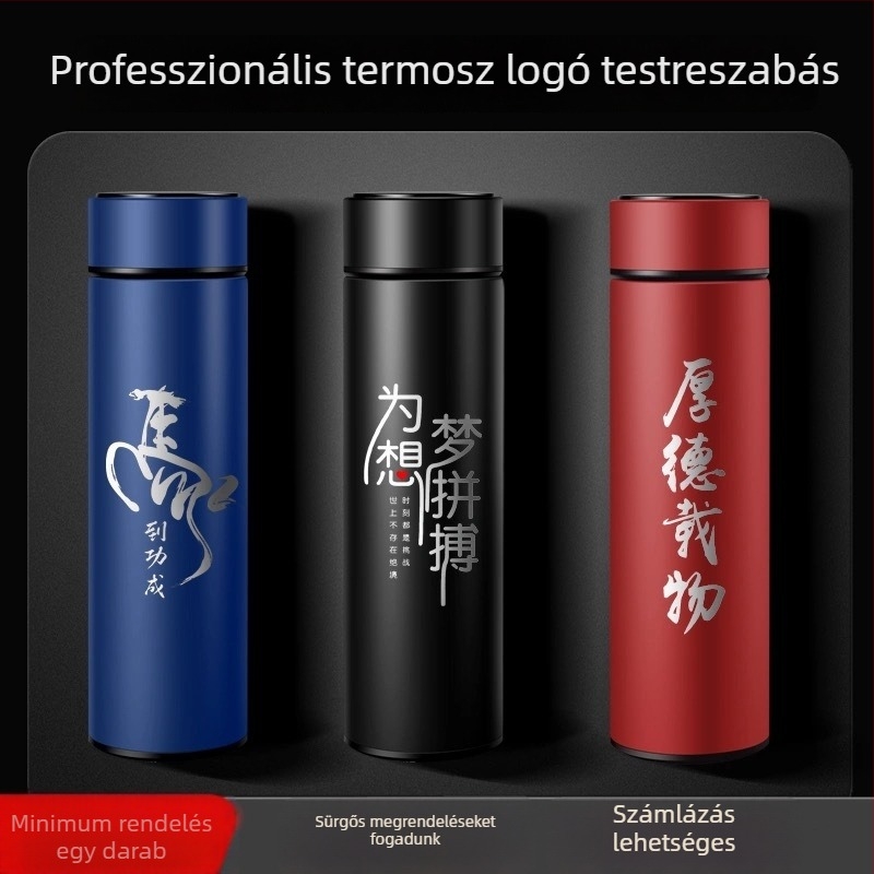Hordozható termosz kupa hőmérséklet-jelzővel, nagy kapacitású, vákuum-szigetelés, belső 304 rozsdamentes acél, tea rekesz, logó testreszabás