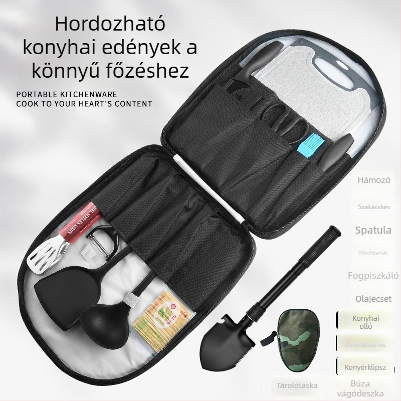 Kempingezéshez készült rozsdamentes acélból készült késkészlet vágódeszkával, 2 az 1-ben hordozható tároló táska