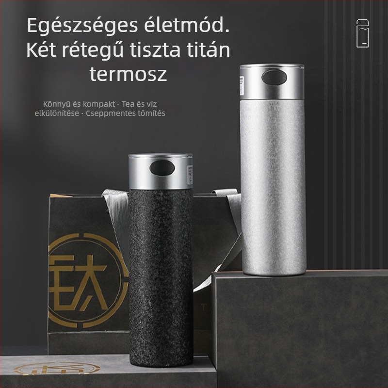 Titánium termosz csésze teavíz elválasztóval és teafiókkal (Belső: Titán; Külső: 304 rozsdamentes acél; Vákuum szigetelés: 6–12 óra; Tea elválasztás)