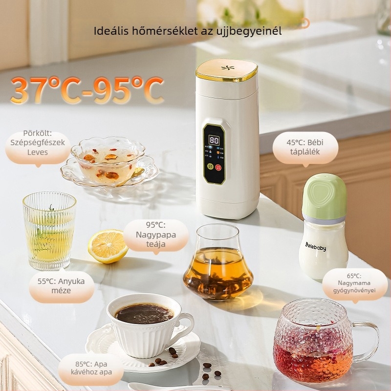 Hordozható elektromos melegítő pohár, mini rozsdamentes acélból, 650 ml, 400 W, korpuszos fűtés, száraz égés elleni védelem, túlmelegedés elleni védelem