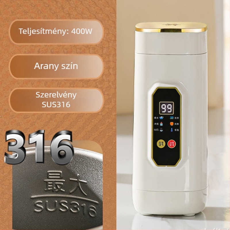 Hordozható elektromos melegítő pohár, mini rozsdamentes acélból, 650 ml, 400 W, korpuszos fűtés, száraz égés elleni védelem, túlmelegedés elleni védelem