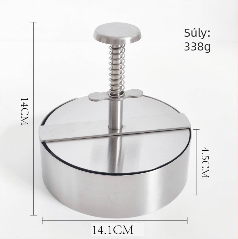 304 rozsdamentes acél hamburgersajtó, házi húspogácsa formázásához, modern minimalist design, testreszabás és logónyomtatás elérhető, 2021 tavaszán debütált.