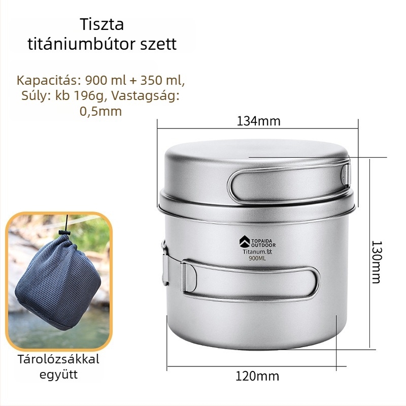 Kültéri titánium edénykészlet kempingezéshez — ultrakönnyű, összecsukható, tiszta titán; 1–2 főre; logóval