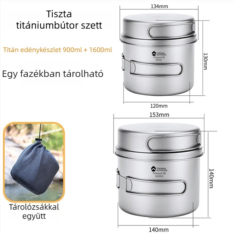 Kültéri titánium edénykészlet kempingezéshez — ultrakönnyű, összecsukható, tiszta titán; 1–2 főre; logóval