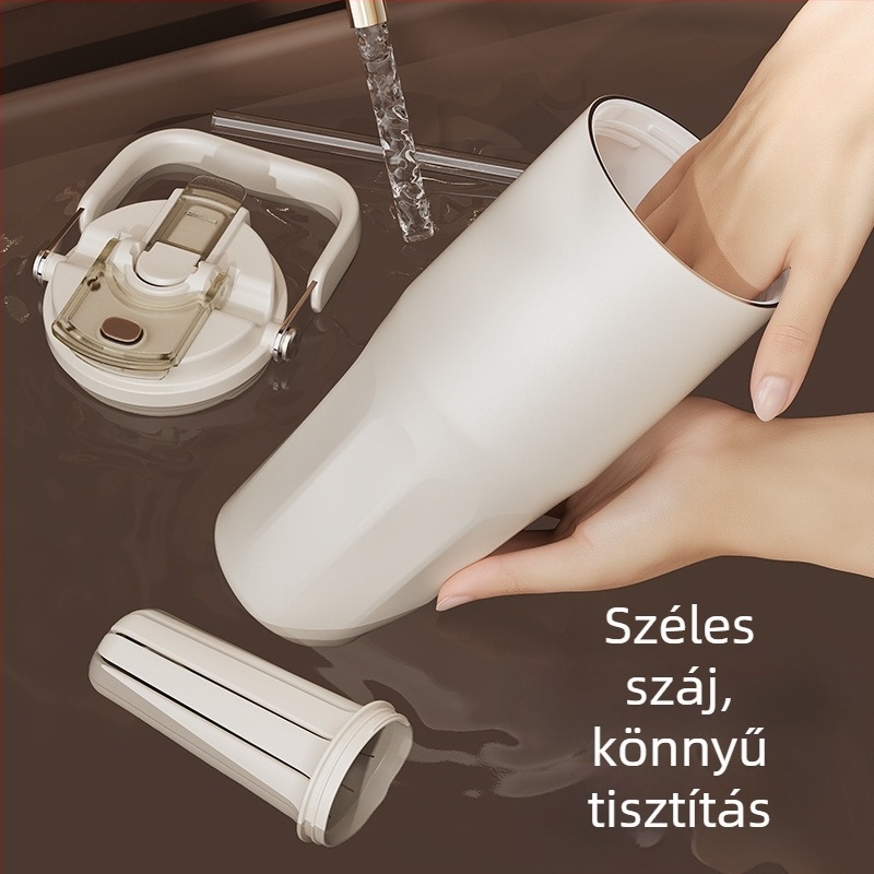 Hőszigetelt kávés pohár kerámiával belső résszel és 304 rozsdamentes acél külsővel, autóba illő, dupla itatófedéllel és szívószállal