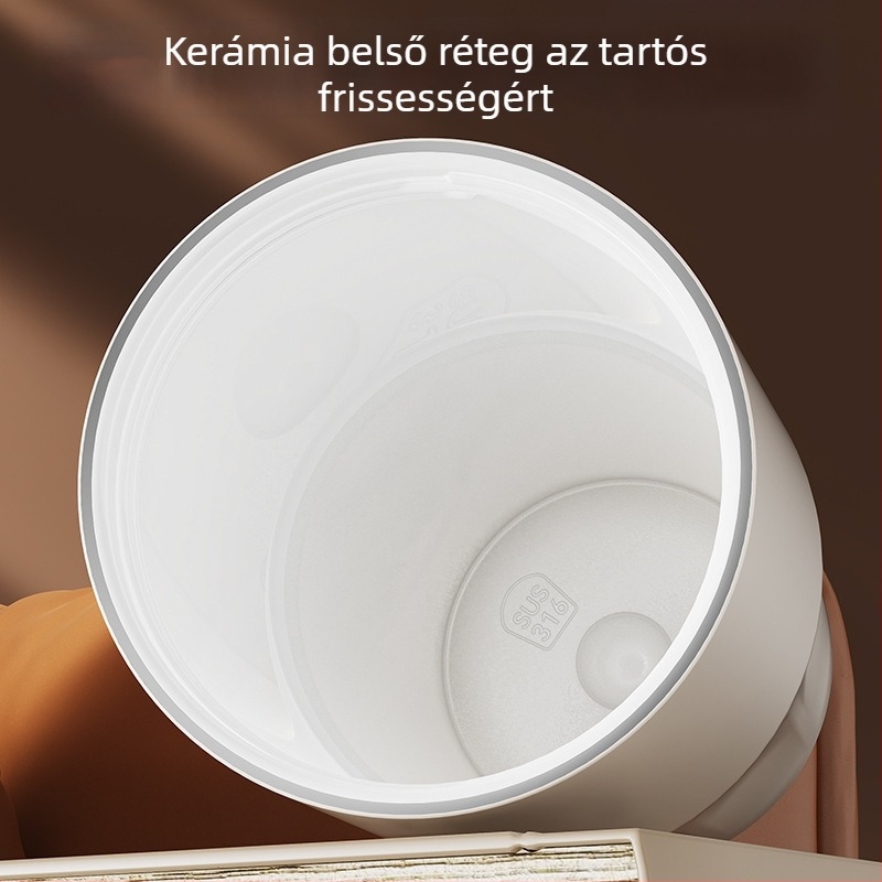 Hőszigetelt kávés pohár kerámiával belső résszel és 304 rozsdamentes acél külsővel, autóba illő, dupla itatófedéllel és szívószállal
