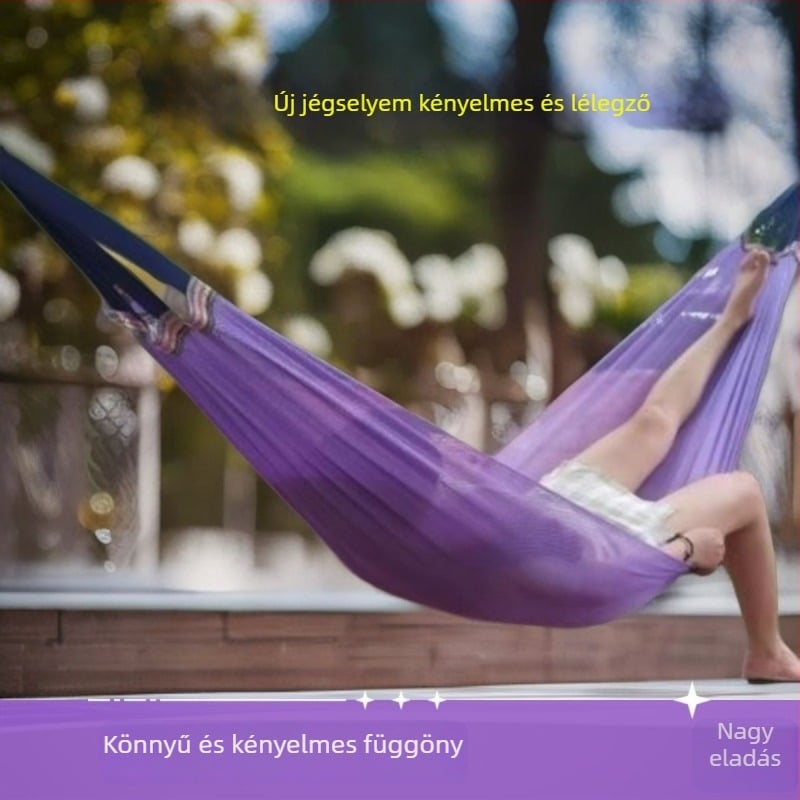 Nylon kötélből készült hálófelületű függőágy, kültéri faágra akasztható, állvány nélkül