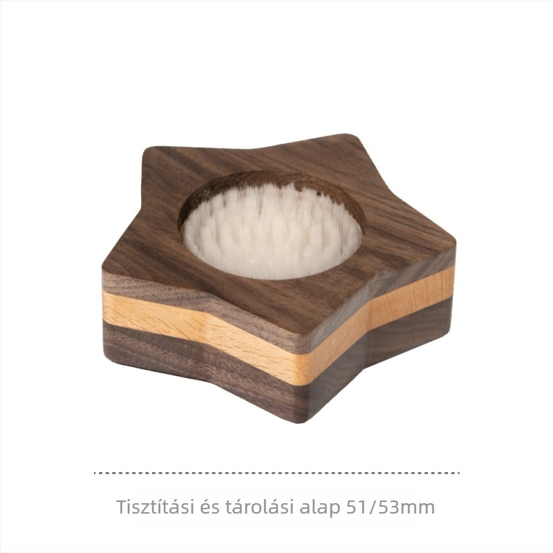Espresso tampér alap tömörfából, kettős tisztító ecsetekkel, modern minimalista dizájn, tároló lemez