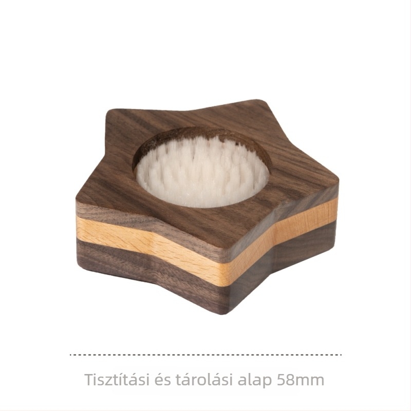 Espresso tampér alap tömörfából, kettős tisztító ecsetekkel, modern minimalista dizájn, tároló lemez