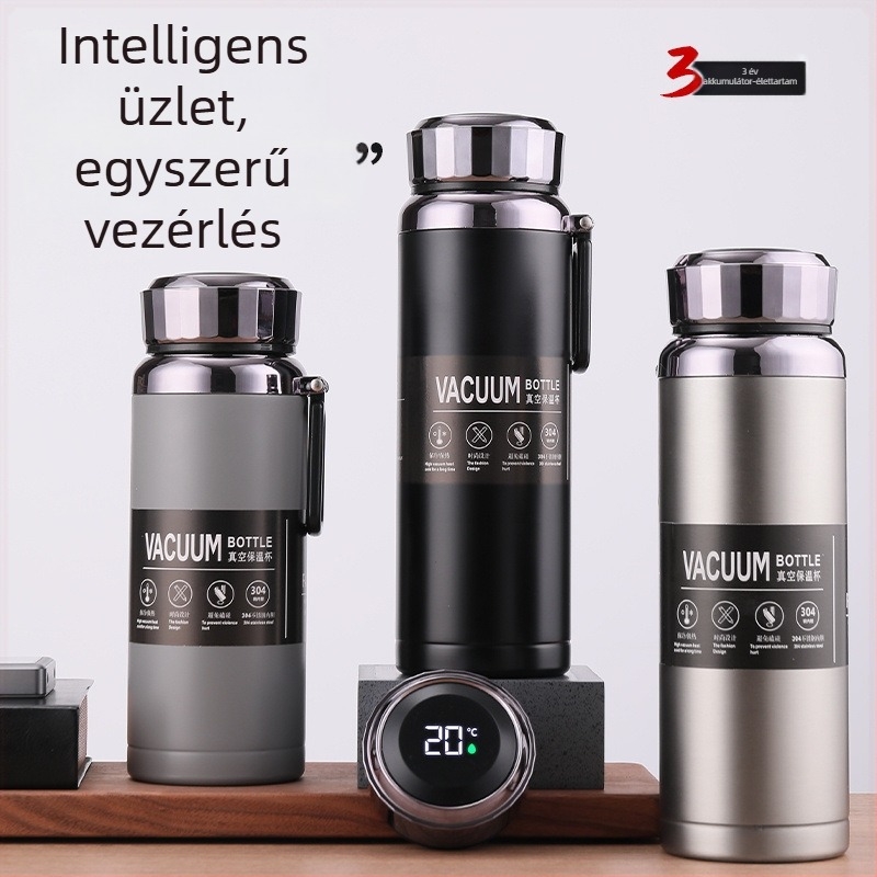 Intelligens hőmérséklet-kijelzős teás termosz, nagy kapacitású, 304 rozsdamentes acél, 36+ órát melegen tart, férfiak számára, kültéri használatra