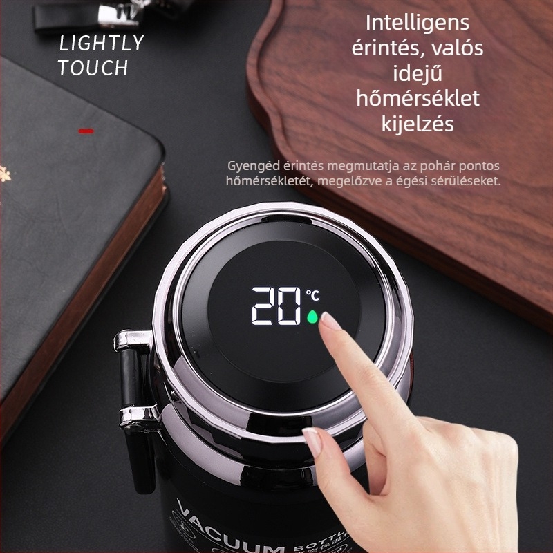 Intelligens hőmérséklet-kijelzős teás termosz, nagy kapacitású, 304 rozsdamentes acél, 36+ órát melegen tart, férfiak számára, kültéri használatra