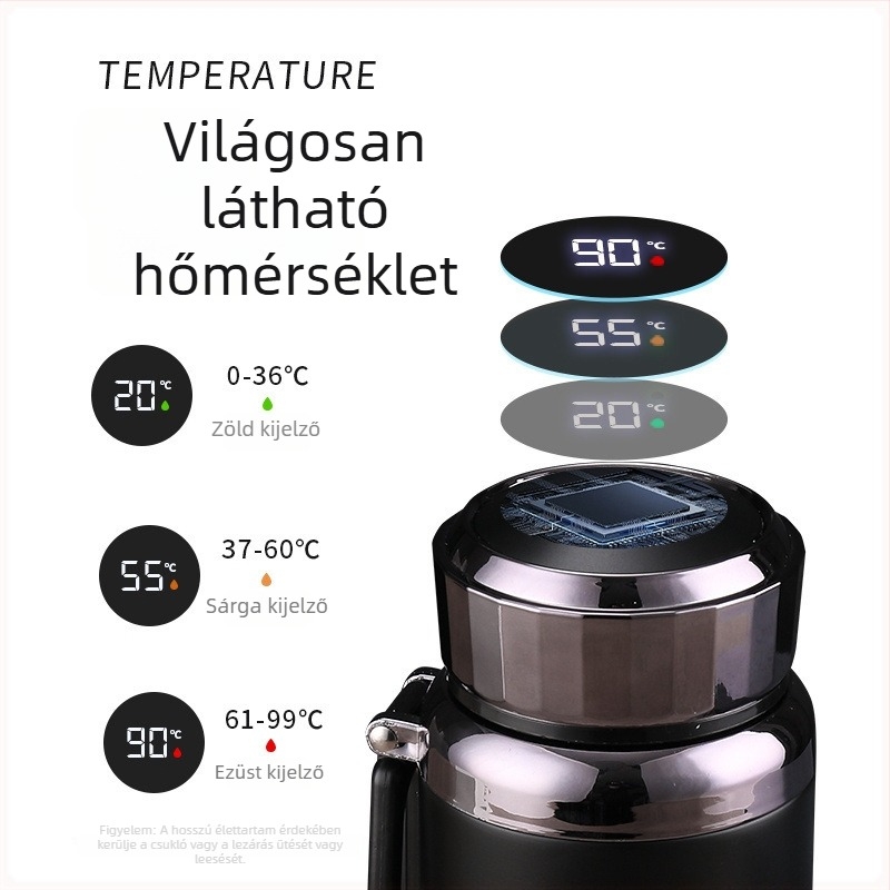 Intelligens hőmérséklet-kijelzős teás termosz, nagy kapacitású, 304 rozsdamentes acél, 36+ órát melegen tart, férfiak számára, kültéri használatra