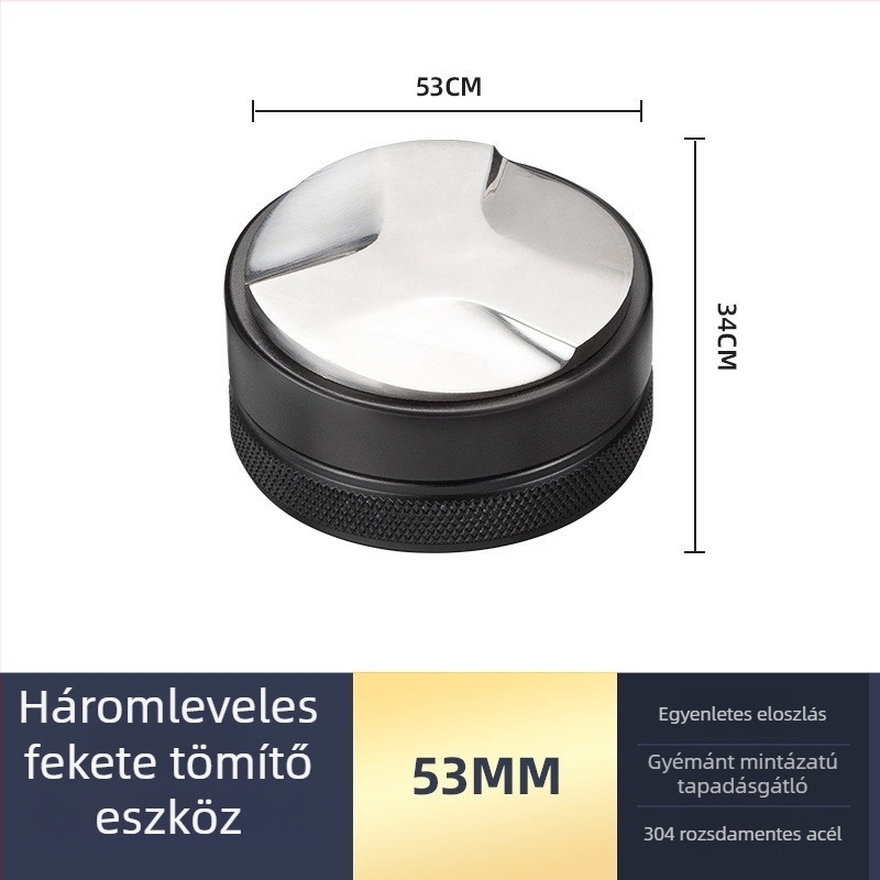 Rozsdamentes acél eszpresszó tamp készlet lapos talppal, modern minimalist design, súly 538 g, ideális iroda, otthon, bár és kávézó számára