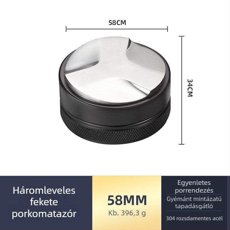 Rozsdamentes acél eszpresszó tamp készlet lapos talppal, modern minimalist design, súly 538 g, ideális iroda, otthon, bár és kávézó számára