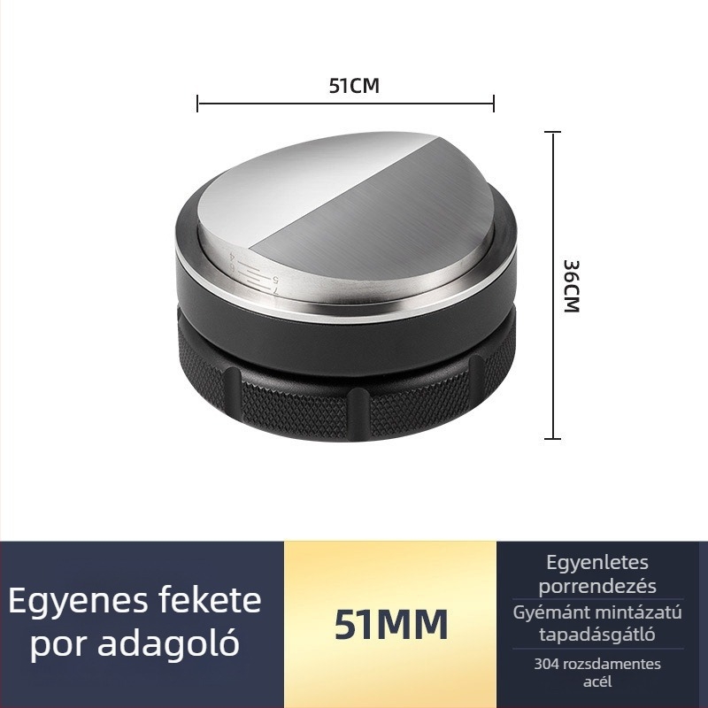 Rozsdamentes acél eszpresszó tamp készlet lapos talppal, modern minimalist design, súly 538 g, ideális iroda, otthon, bár és kávézó számára