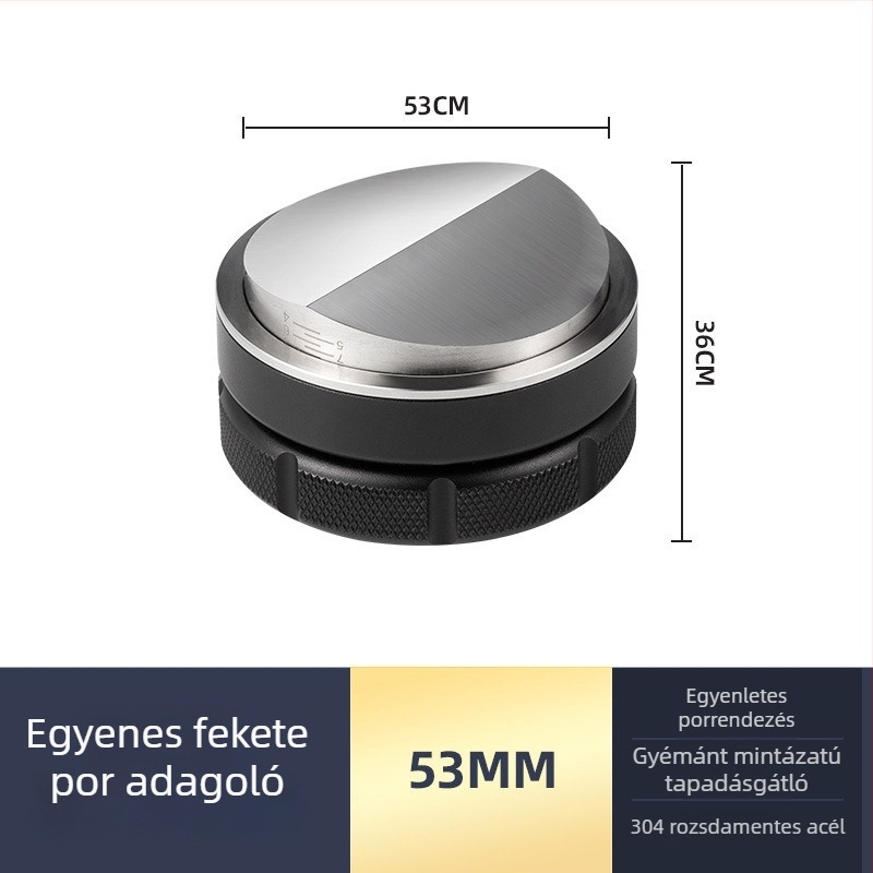 Rozsdamentes acél eszpresszó tamp készlet lapos talppal, modern minimalist design, súly 538 g, ideális iroda, otthon, bár és kávézó számára
