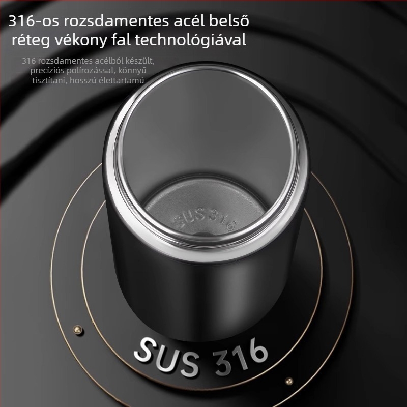 Autó termosz egygombos fedéllel, belső 316 rozsdamentes acél, külső 304 rozsdamentes acél, vákuum-szigetelés 6–12 óra